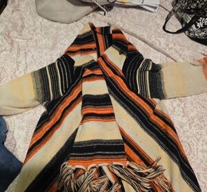 Striped Hooded Fringe Poncho - Orange, Black & Cream